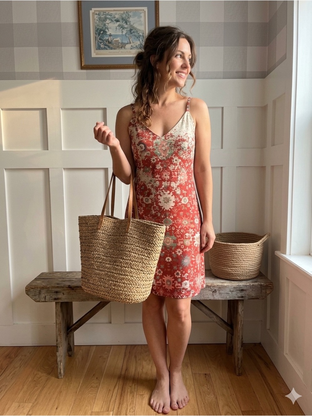 Boho Summer Red Floral Dress Large